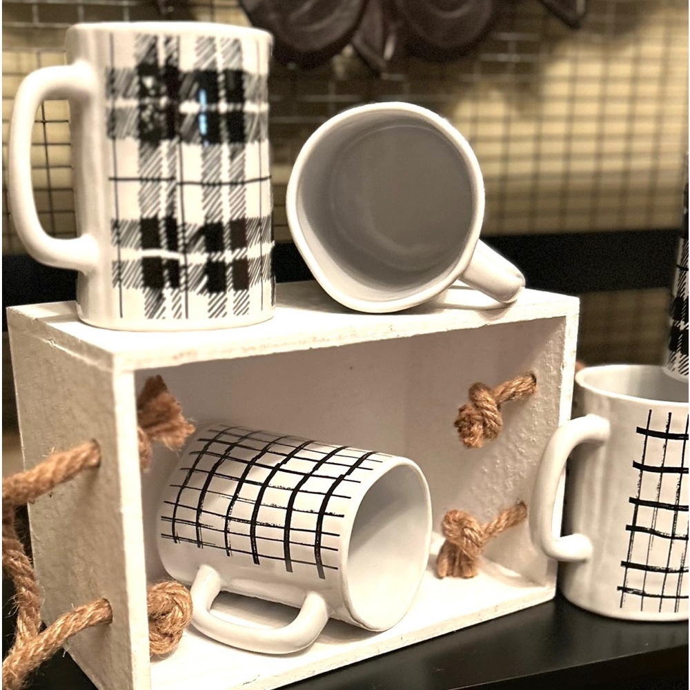 NEW Set of 6 Farmhouse Black & White Plaid Ceramic Coffee Tea Cups Mugs - Picture 5 of 15